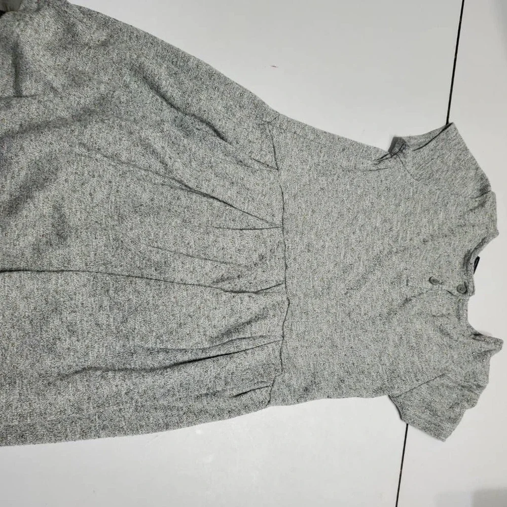 Gap Sweater Dress Girl 5 Gray Marled Gold Beaded Pleated Short Sleeve Button Top